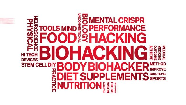 Biohacking animated word cloud;text design animation tag kinetic typography seamless loop.
