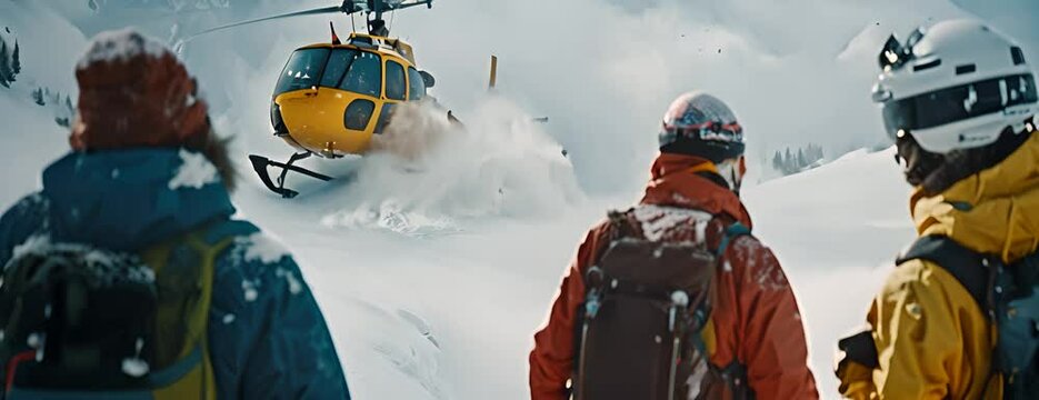 Snowboarders watching a heli take off after being dropped off on a remote peak in the backcountry 4K Video.