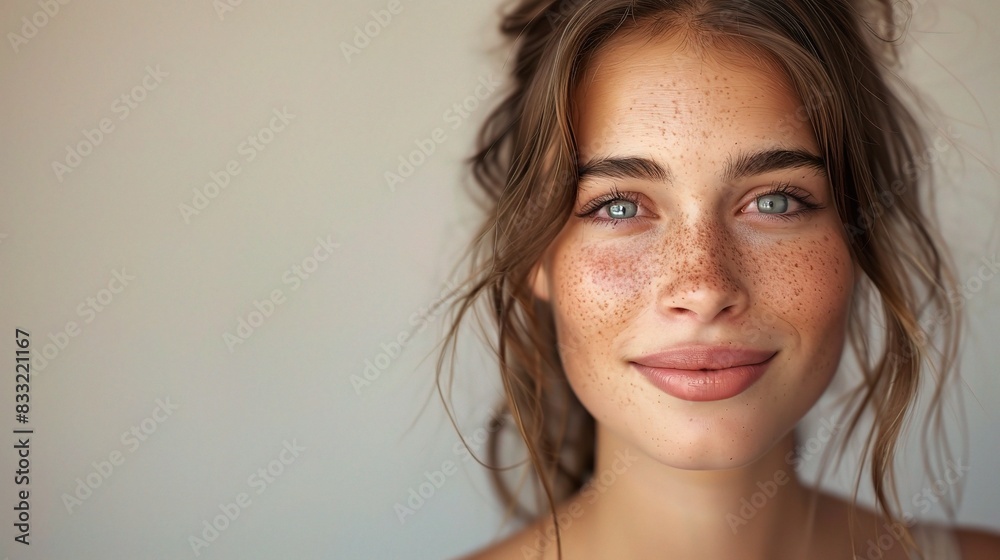 Sticker beautiful young woman with clear, healthy skin, her smile warm and inviting, against a neutral backdrop