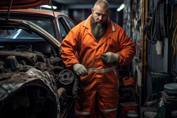 An old auto mechanic in his garage is repairing an old car in a work suit. Car repair concept.