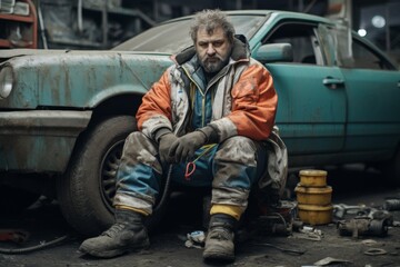 An auto mechanic looks at the camera against the background of an old car. An old auto mechanic in his garage is repairing an old car in a work suit. Car repair concept.