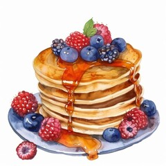 Watercolor painting of a stack of pancakes topped with syrup and fresh berries, on isolated white background, Generative AI