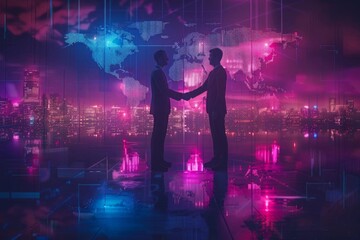 Silhouettes of two business professionals shaking hands with a futuristic global network background in neon hues of pink and blue.