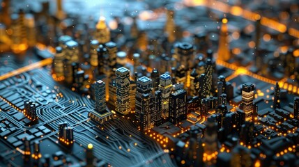 Smart city technology in the form of pixels with lines that connect with the city in a unique way. conveys the technology of A city that takes advantage of modern and intelligent technology innovation