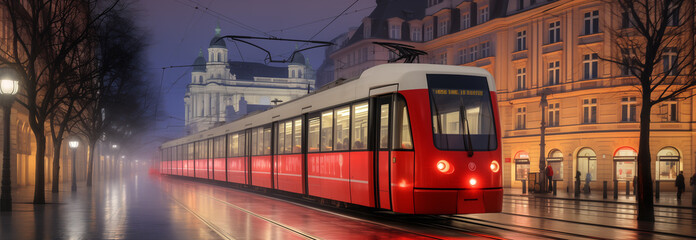 Obraz premium A red tram travels down a wet street in an old European city as dusk sets in. The historical buildings and empty sidewalks evoke a serene evening ambiance