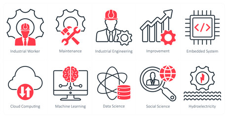 A Set of 10 Industrial icons as industrial worler, equipment, industrial engineering