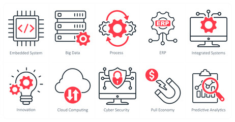 A Set of 10 Industrial icons as embedded system, big data, process