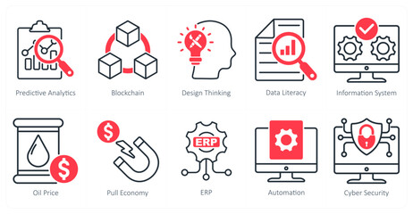 A Set of 10 Industrial icons as predictive analytics, blockchain, design thinking