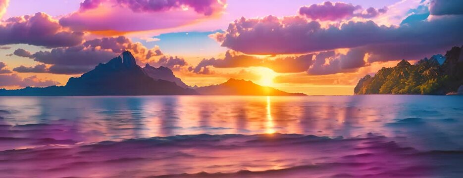 Paradise get-away Environment in Bora Bora. Tourism wallpaper with Majestic Sunrise Beach. 4K Video.
