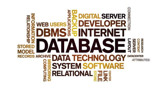 Database animated word cloud;text design animation tag kinetic typography seamless loop.