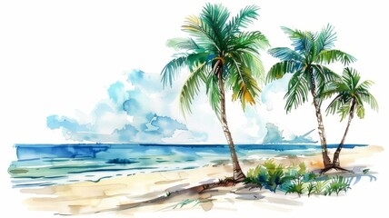 Watercolor painting of palm trees isolated on white background