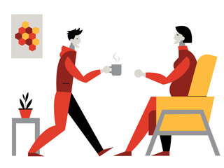 Son carries a cup of coffee to his mother