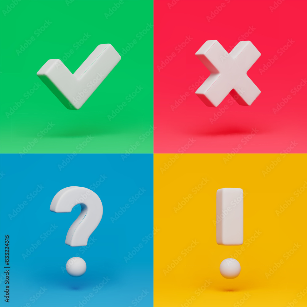 Poster acceptance, rejection, question and attention rotating check marks set. right, wrong, interrogation 