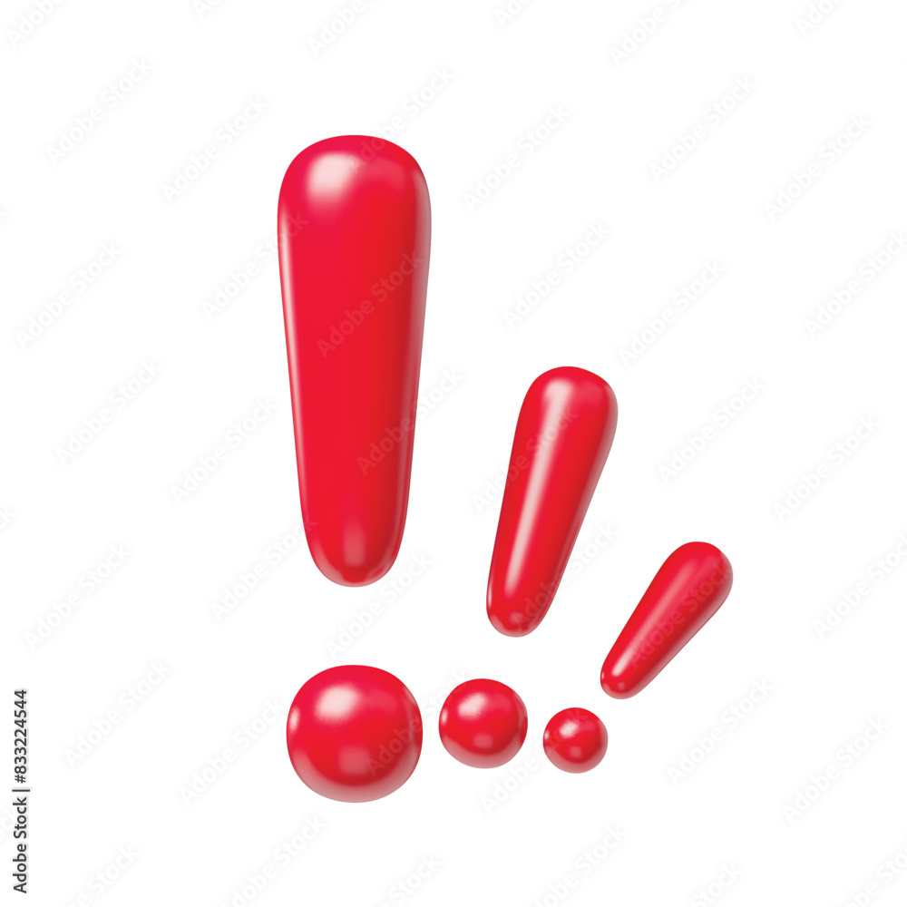 Fototapete Red exclamation signs realistic 3d realistic symbols set. Glossy exclamation marks, warning, attention, secure signals, caution or error mark three-dimensional rendering vector illustration