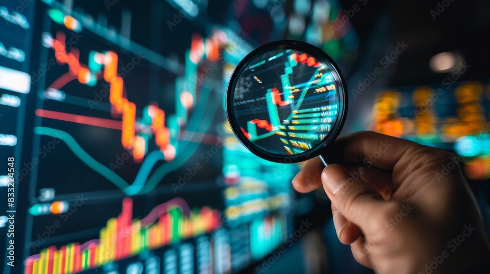 Fototapete a stock market analyst analyzing trends and patterns on a stock market graph using a magnifying glas