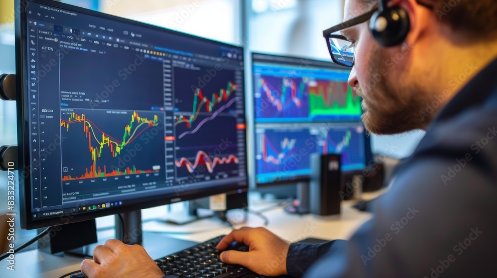 Leinwandbilder A stock market analyst conducting research and analysis on stock market graphs and charts using a desktop computer