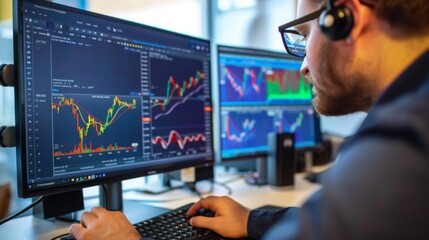 A stock market analyst conducting research and analysis on stock market graphs and charts using a desktop computer