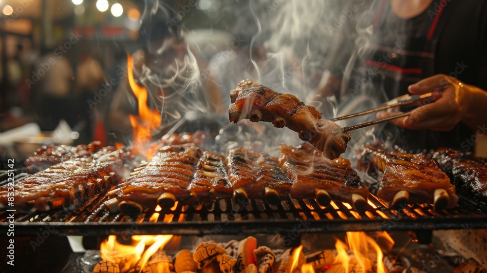 Wall mural a street food vendor grilling pork spare ribs on a charcoal grill, with smoke billowing and flames l