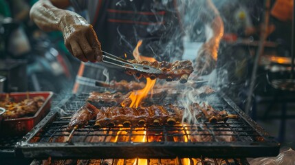 A street food vendor grilling pork spare ribs on a charcoal grill, with smoke billowing and flames licking the meat