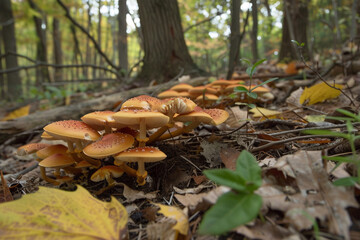 A cluster of wild mushrooms sprouting from the forest floor