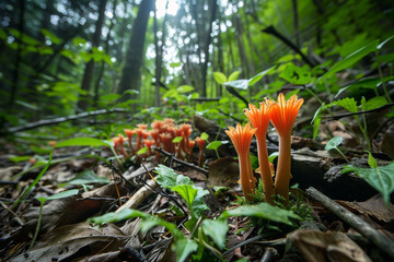 A cluster of wild mushrooms sprouting from the forest floor