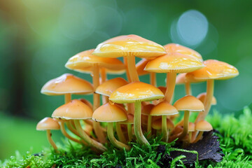 A cluster of wild mushrooms sprouting from the forest floor