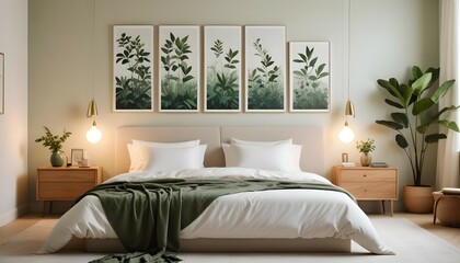 "An HD image of a bedroom adorned with vibrant botanical prints, creating a lush, tropical atmosphere."