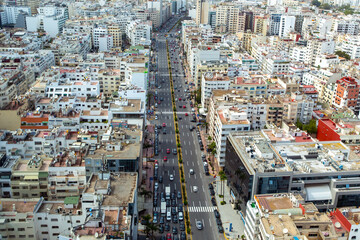 Fototapeta premium Aerial view of the central avenue of Casablanca. Car traffic, traffic jams. Morocco
