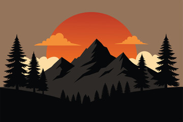 Sunrise Sunset Mountain Forest Wild Nature Landscape Monochrome vector Illustration