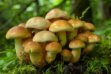 A cluster of wild mushrooms sprouting from the forest floor