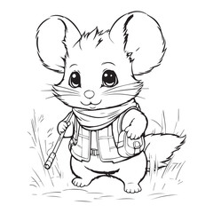 Cute cartoon baby hamster design for kids coloring book, black vector illustration on white background