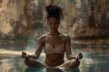 Woman meditates in a tranquil, misty water setting, embodying peace