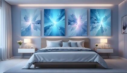 "Abstract paintings in calming pastel shades decorating a bedroom wall, in crisp HD quality."