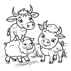 Cute cartoon farm animals and landscape, black vector illustration on white background