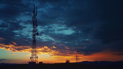 Obraz premium A telephone signal tower silhouetted against a dramatic evening sky, conveying reliability and connectivity