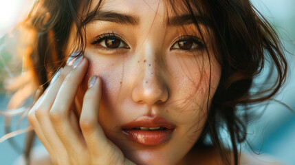 Beauty portrait of a young Asian woman touching her face. Beautiful Korean woman posing on a white background. Beauty and facial care concept.