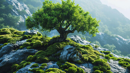 A Majestic Big Green Tree Standing Alone In Mountains Miniature Landscape on Black Bokeh Blur Background