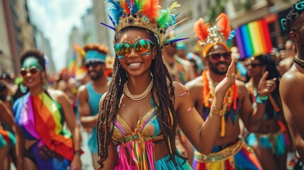 Energetic and joyful expression at a Pride festival, featuring a stylish African American woman dancing and celebrating diversity and unity