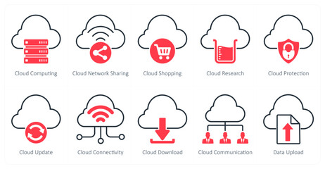 A set of 10 seo icons as cloud computing, cloud network sharing, cloud shopping