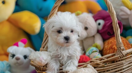 A tiny Maltese puppy sitting in a basket surrounded by plush toys, looking adorable and innocent