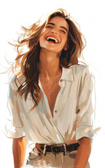Contemporary illustration of a cheerful woman smiling brightly, exuding happiness with flowing hair and a stylish white shirt