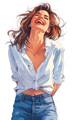 Illustration of a happy, smiling young woman with flowing hair, feeling the summer breeze, radiating positivity and carefree vibes