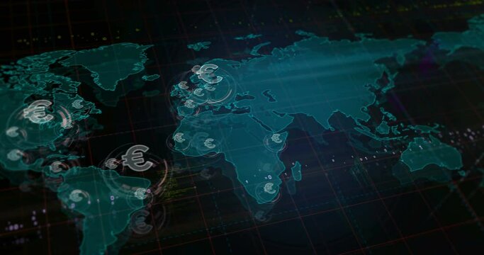 Euro money EUR finance symbols over world map. Seamless looped technology concept.