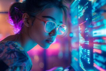 Young woman coding at computer screen with colorful neon lights, focusing intently on programming work in a high-tech environment.