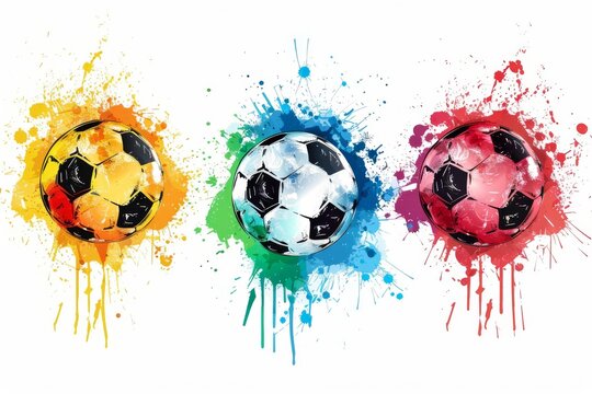 Colorful splash soccer ball design. Soccer print. Soccer theme, goal art. Assortment of vibrant prints of soccer balls for t-shirts, apparel, paper. Athletic football logo illustration
