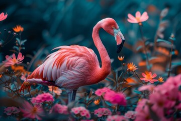 flamingo with beautiful flowers and depth of field artwork with a dark background