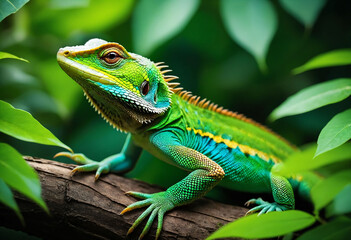 Obraz premium Vibrant lizard amidst lush green foliage in natural habitat