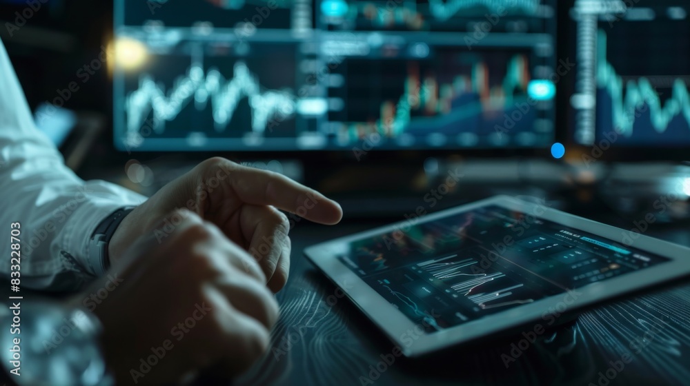 Aufkleber A trader analyzing stock market trends on a digital tablet with multiple charts and graphs displayed