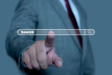 Businessman using smartphone clicking internet search page on virtual screen. Searching Browsing...