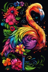 flamingo with beautiful flowers and depth of field artwork with a dark background